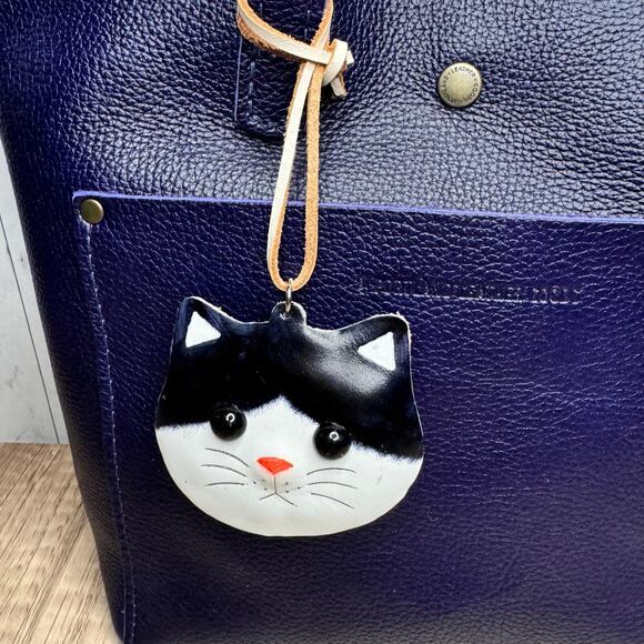 West Hills Studio Handbags - Genuine Leather Black Cat Bag Charm Leather Hand Painted Kitty Cat Purse Charm